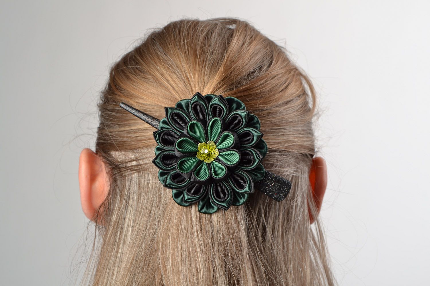 Handmade beautiful hair clip made of satin and rep ribbons with crystal photo 1