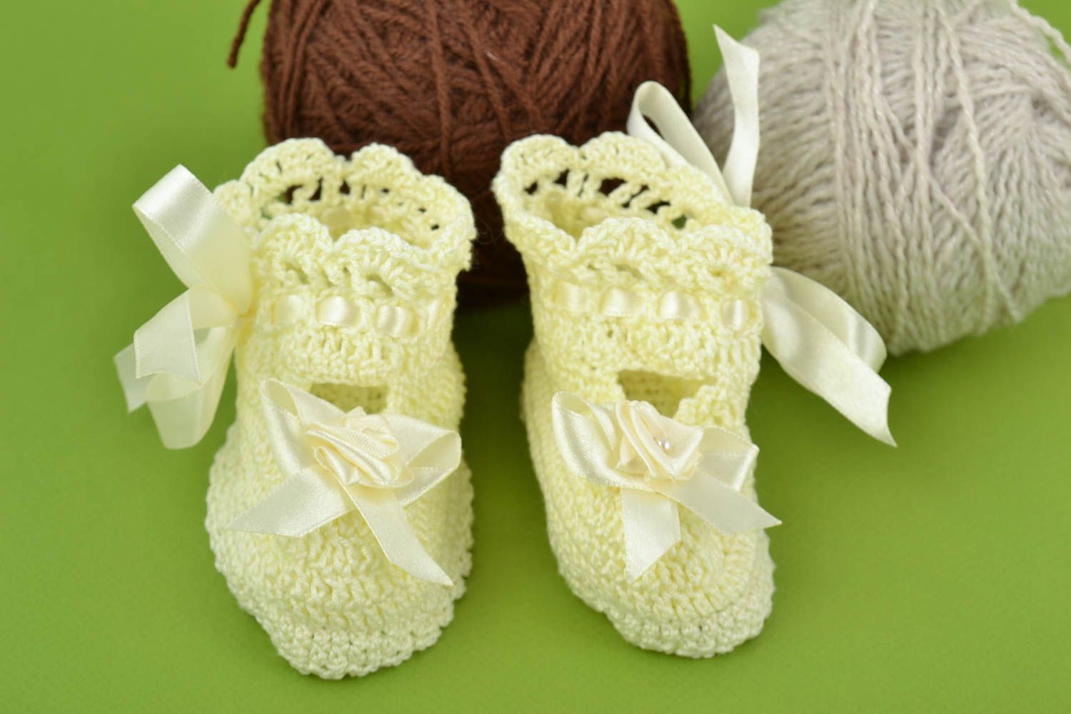 Beautiful handmade crocheted booties for baby girl with  satin ribbons photo 1