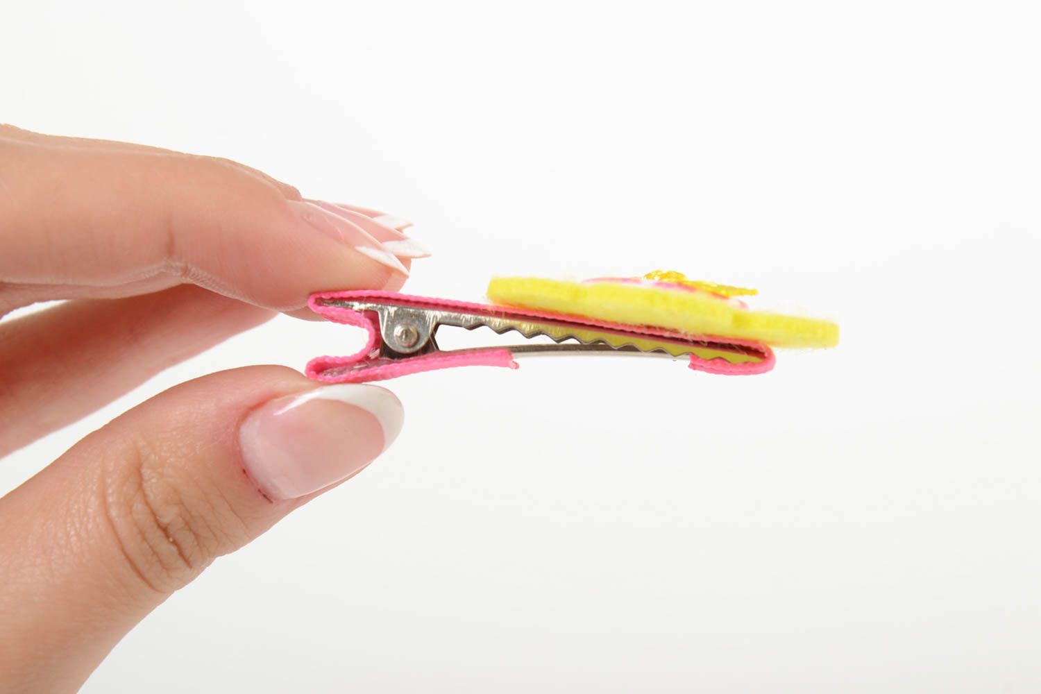 Yellow-pink hair clip made of rep ribbons handmade children's fleece barrette photo 5