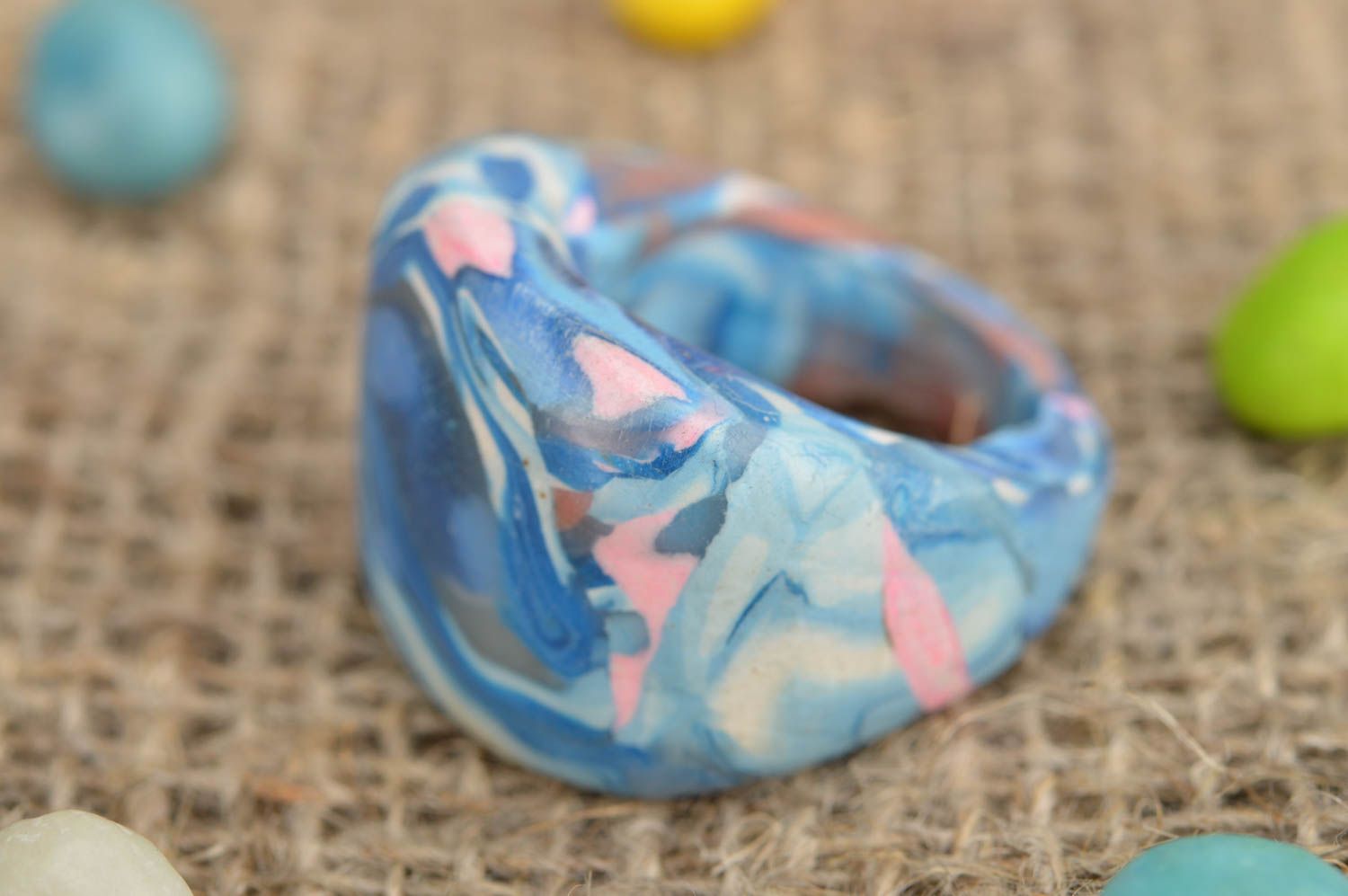 Designer handmade polymer clay ring in blue tones decorative summer accessory photo 1