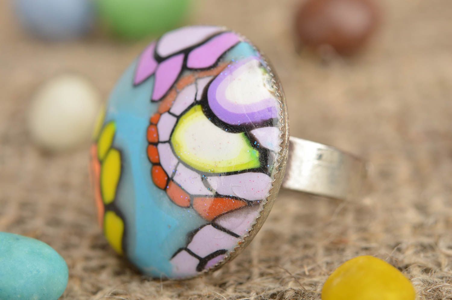 Handmade elegant ring made of polymer clay with an adjustable base made of metal photo 1
