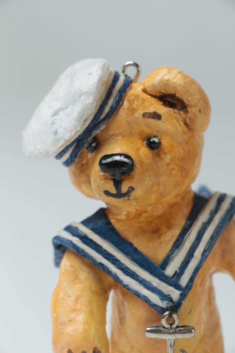 Handmade interior paper mache wall hanging painted with watercolors bear sailor photo 3