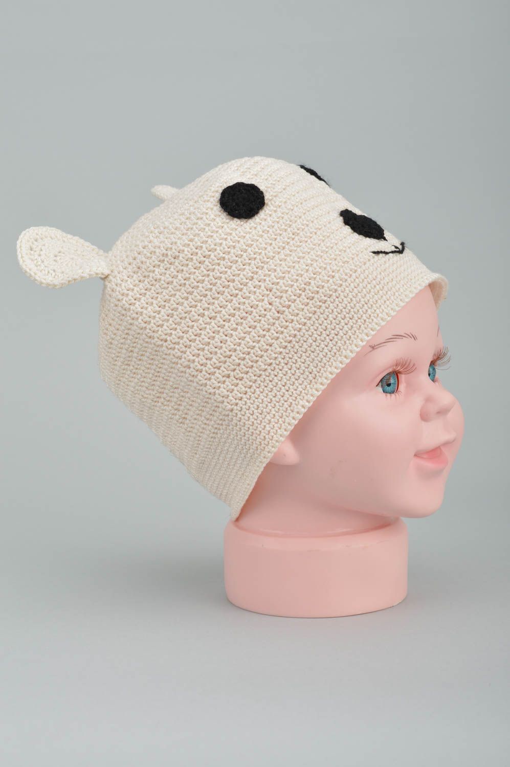 Bonnet ours blanc pour enfant fait main tricoté en coton au crochet chaud photo 5