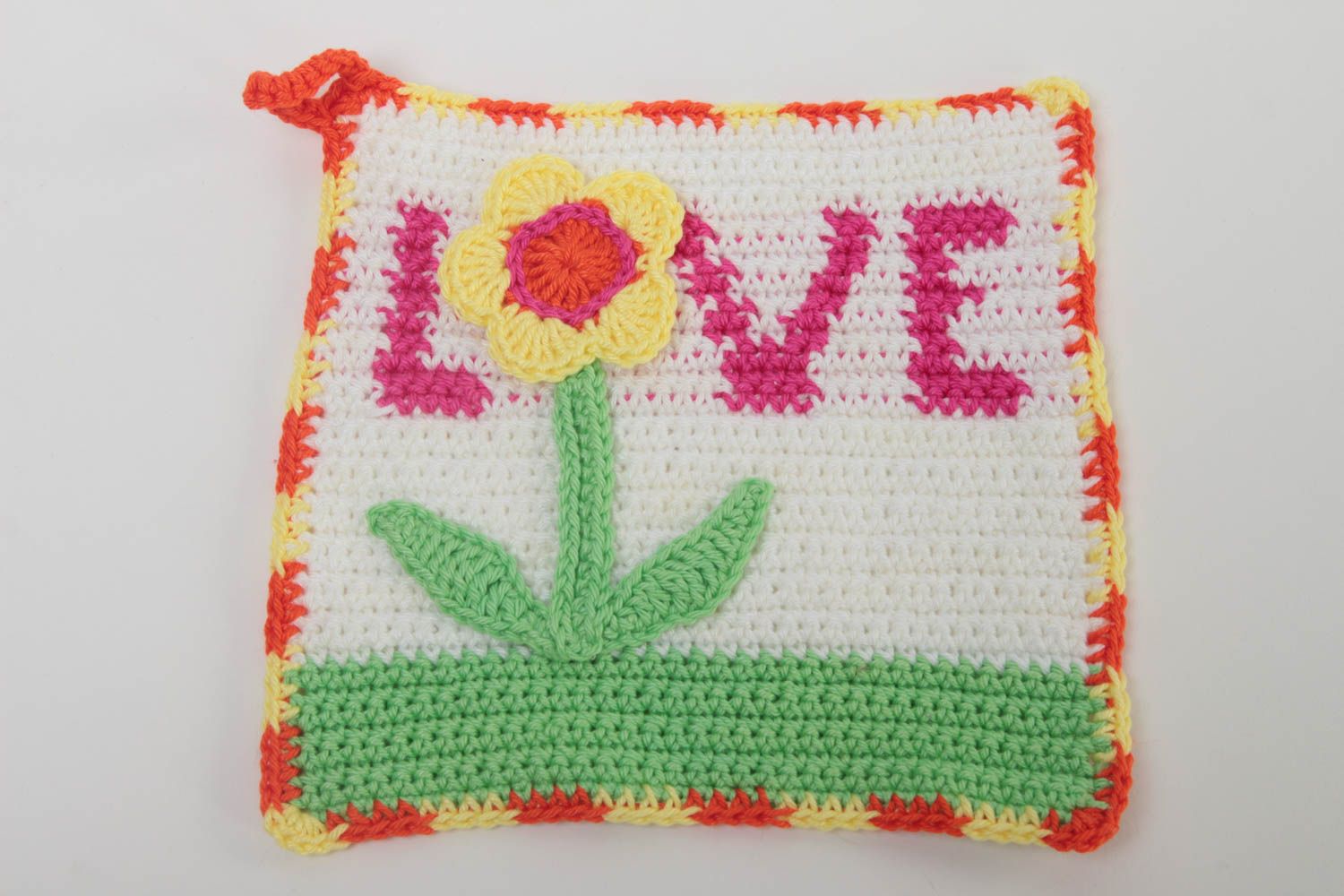 Handmade Topflappen gehäkelt Küchen Textilien Haus Deko mit Blume Love foto 2