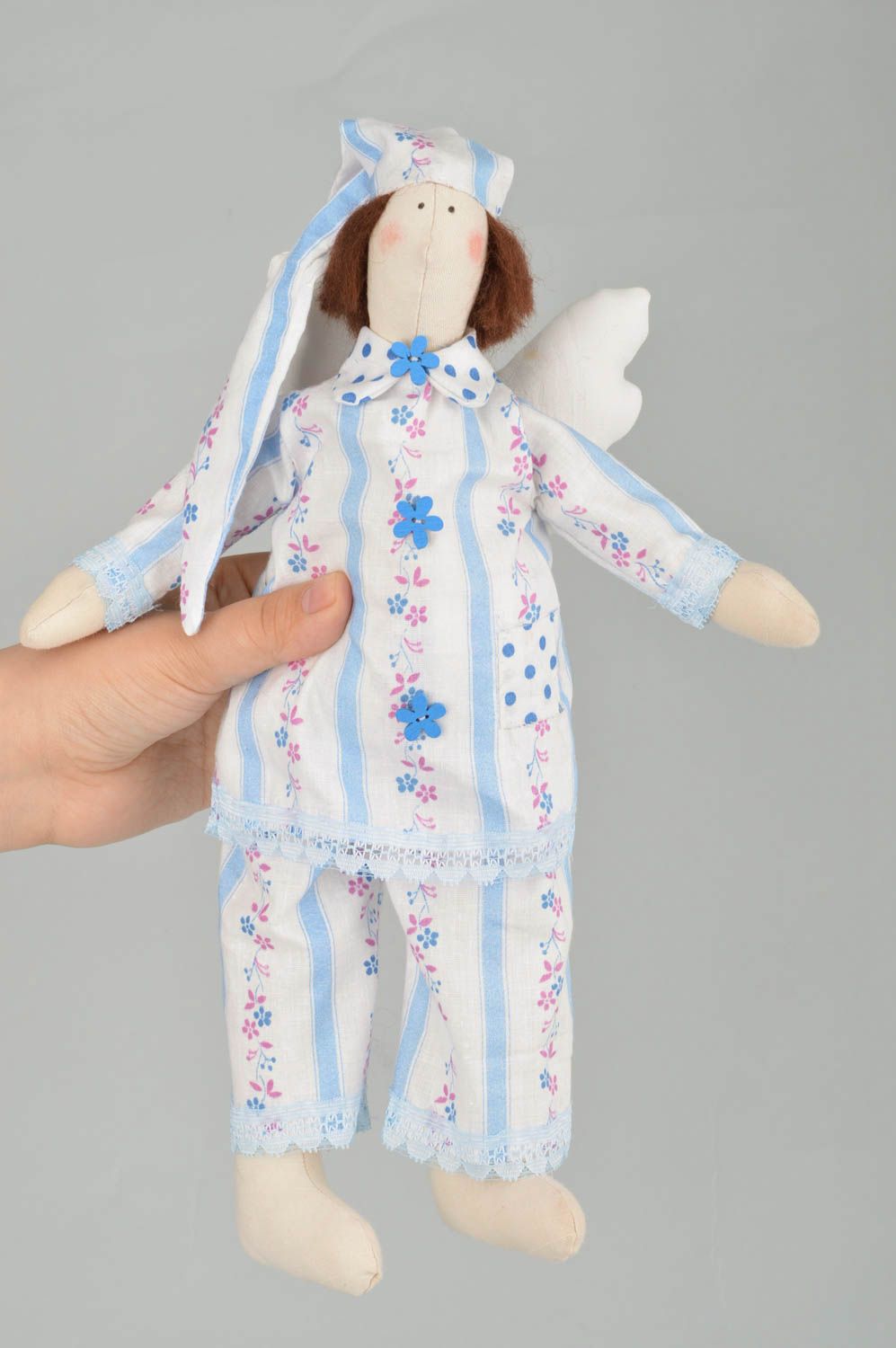 Handmade cotton fabric designer small soft toy angel in blue pajama photo 3