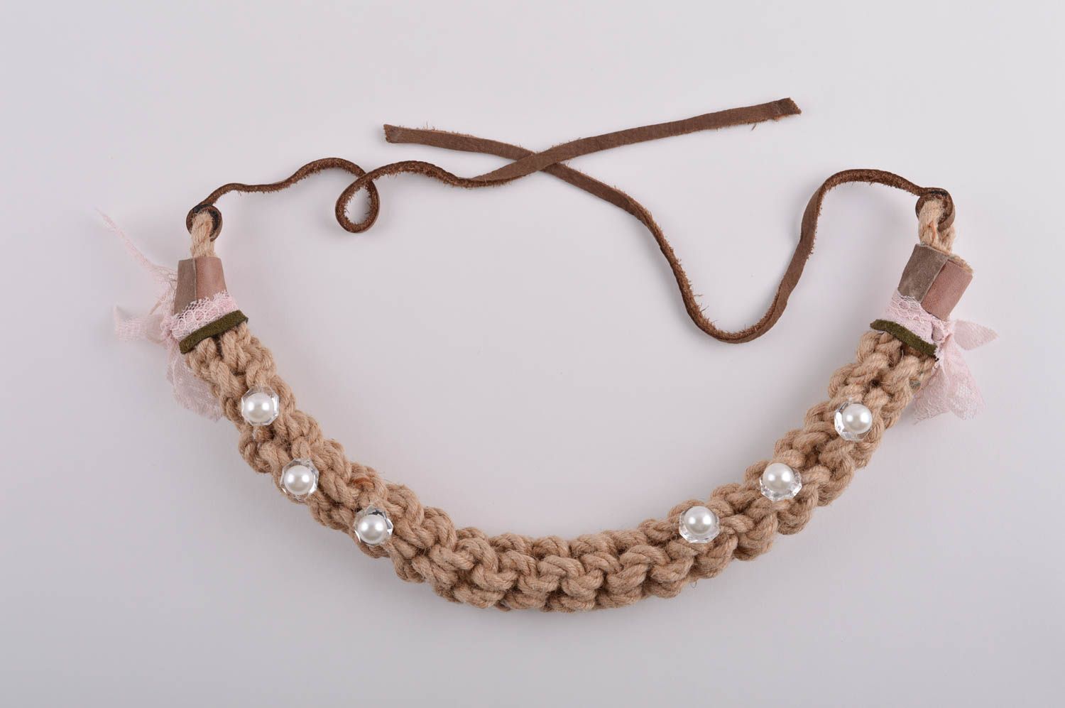 Handmade textile necklace woven elegant jewelry stylish beaded accessory photo 5