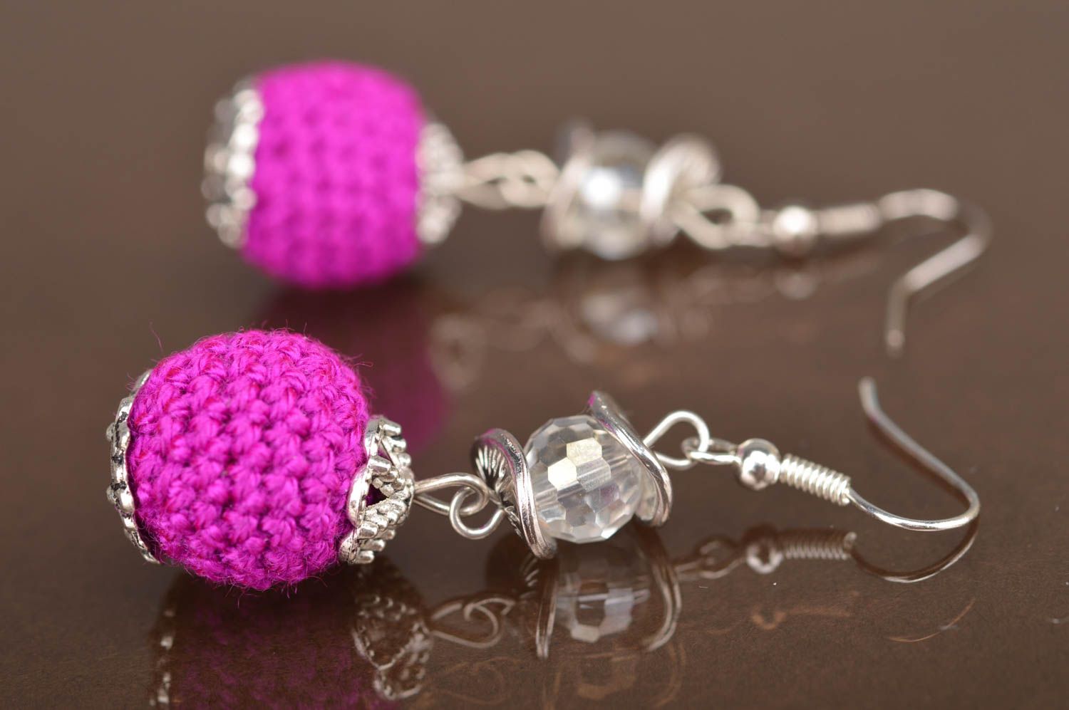 Unusual beautiful handmade designer long crochet ball earrings stylish jewelry photo 5