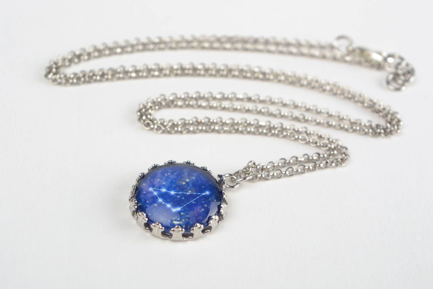 Beautiful handmade blue glass pendant with metal chain Capricorn zodiac sign photo 1