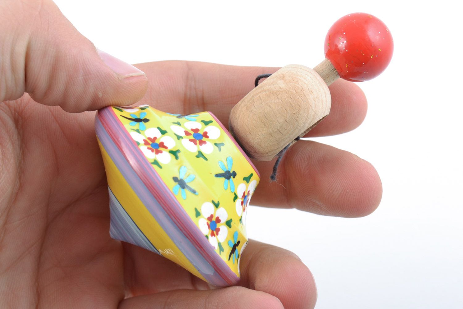 Small colorful handmade wooden eco toy spinning top for children photo 2