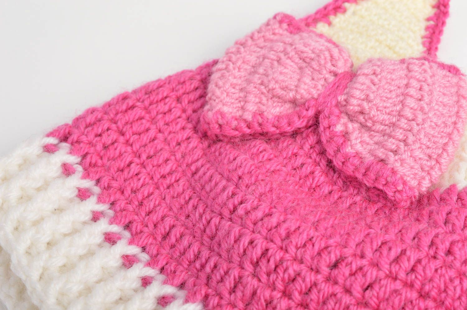 Bonnet tricot Chapeau au crochet laine acrylique rose blanc Vêtement enfant photo 5