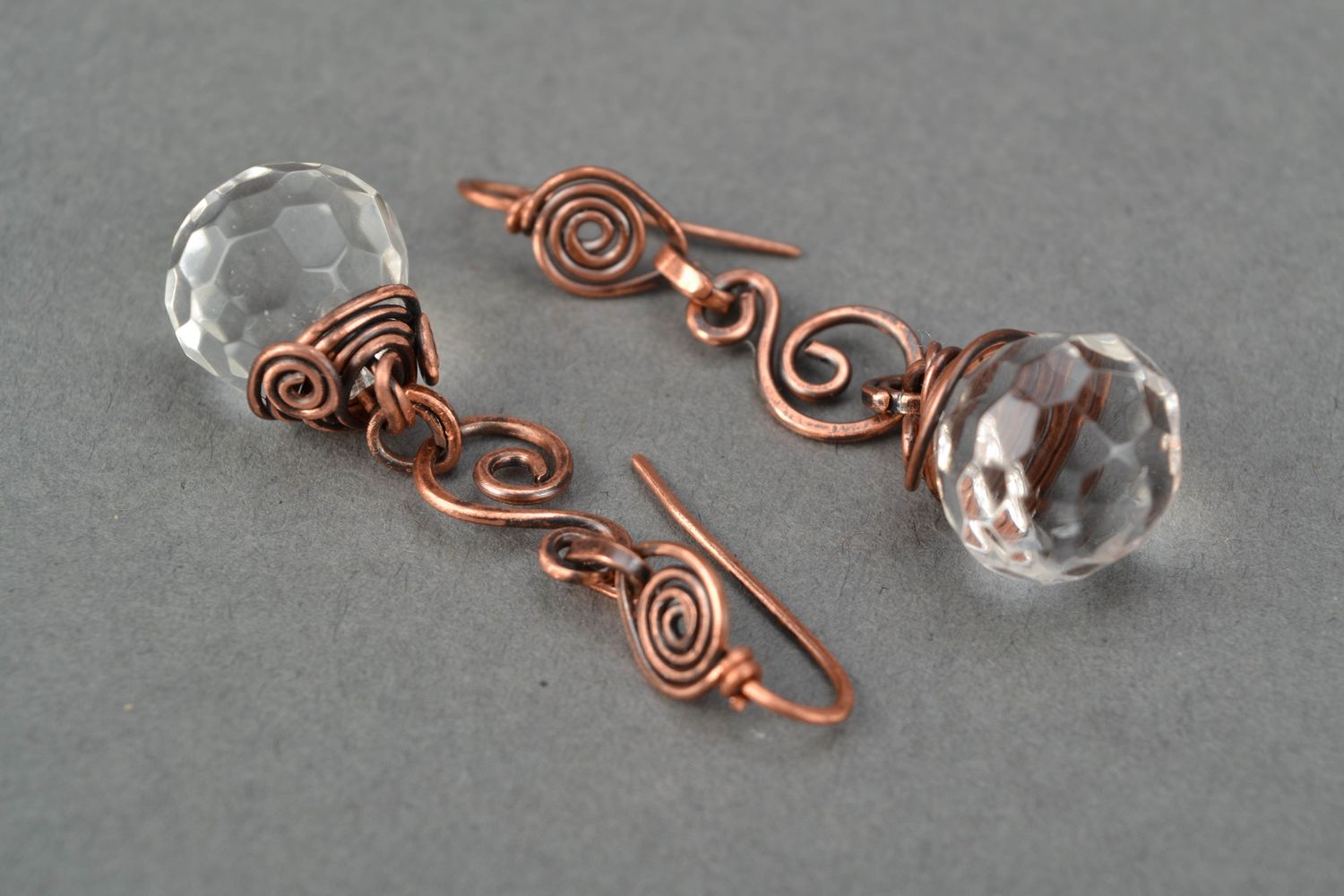 Long wire wrap copper earrings with crystal photo 3