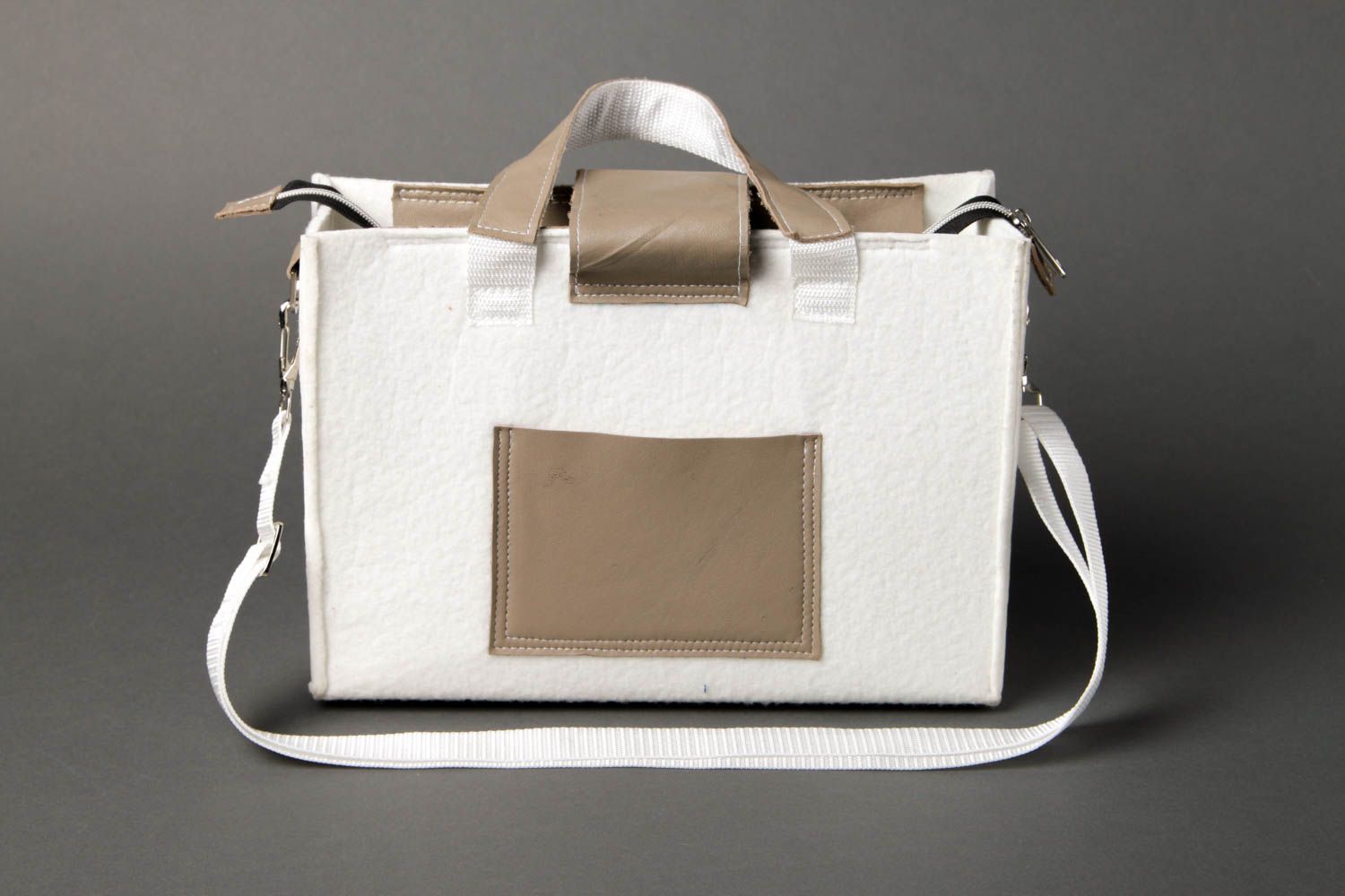 Bolso artesanal para mujer accesorio de moda bolso de cuero y fieltro blanco foto 2