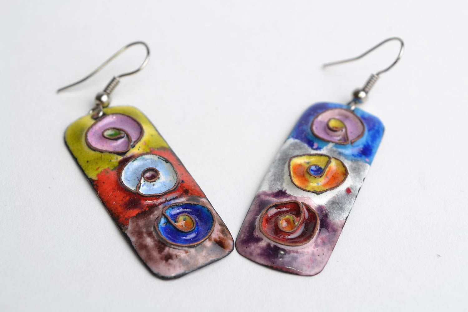 Long rectangular handmade copper dangling earrings painted with colorful enamel photo 3