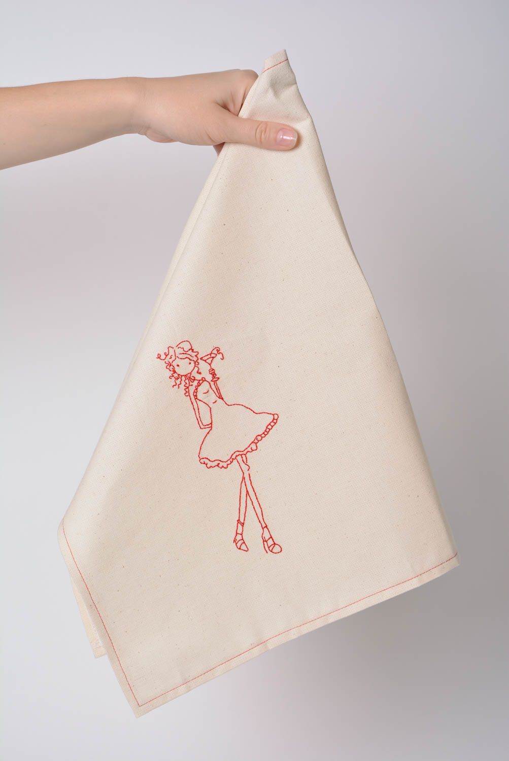Handmade textile kitchen towel made of semi linen with embroidery Girl photo 2