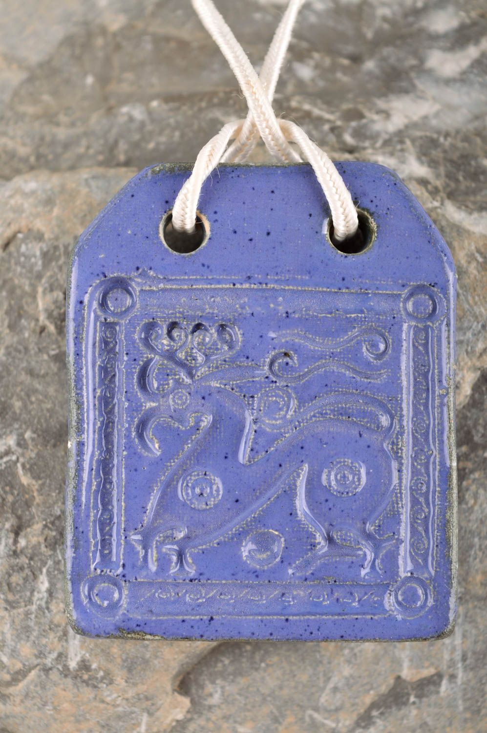 Pendentif bleu Bijou fait main céramique carré sur cordon Cadeau femme tendance photo 2