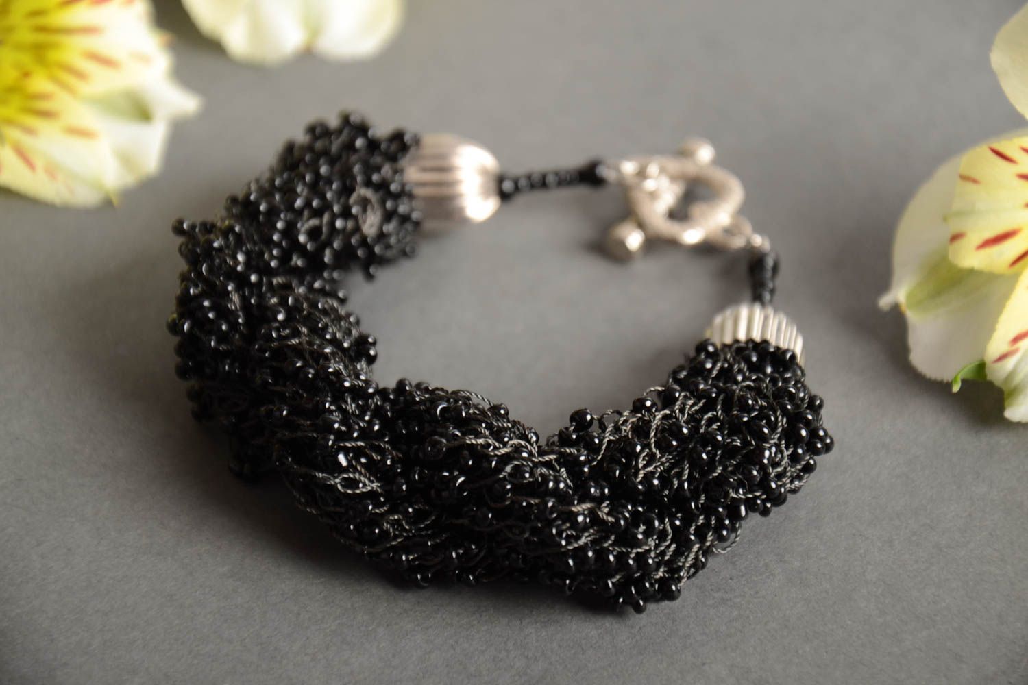 Handmade festive evening bead woven women's wrist bracelet of black color photo 1