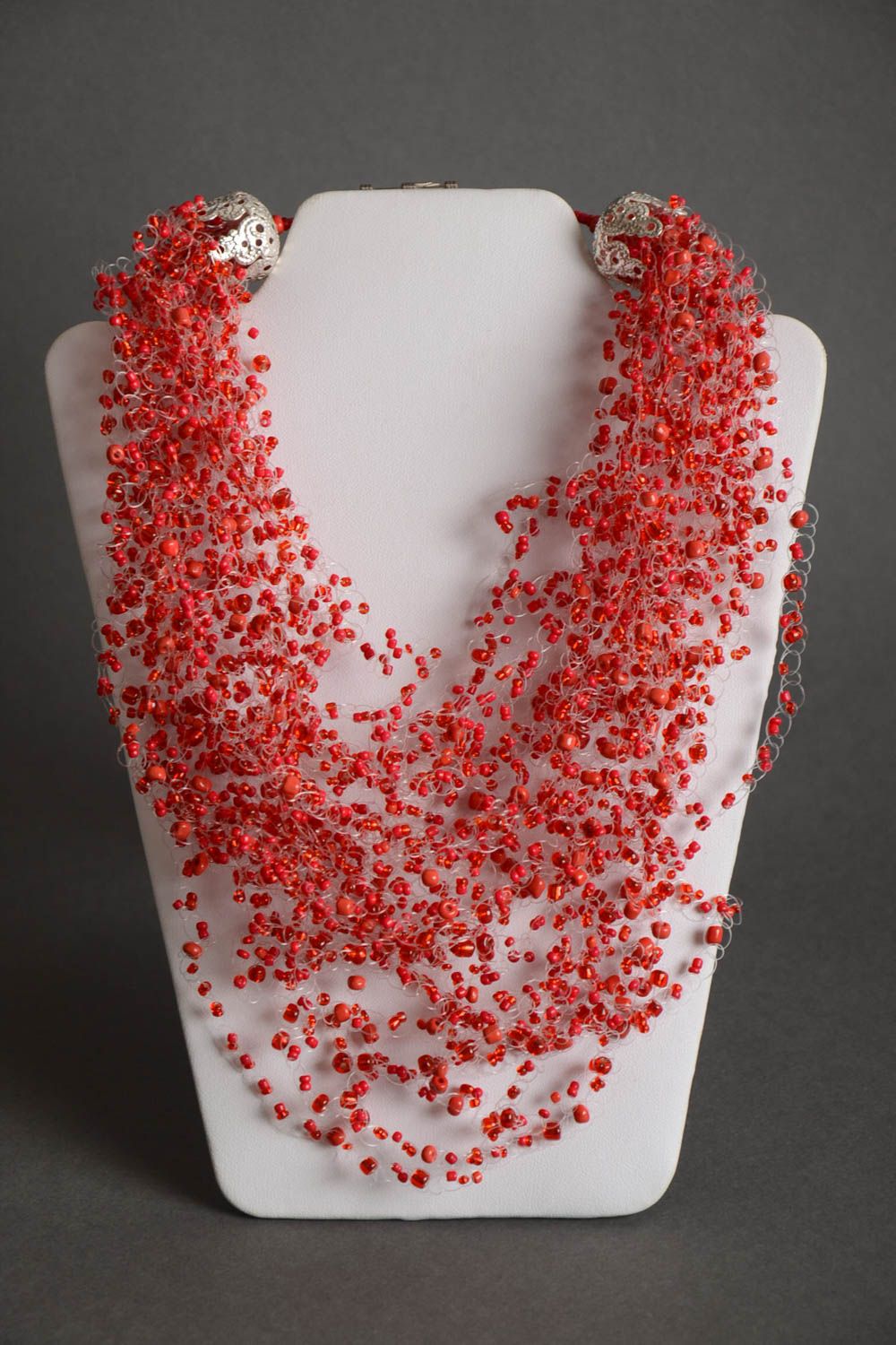 Designer handmade multi row airy crocheted beaded necklace in red color shades photo 2