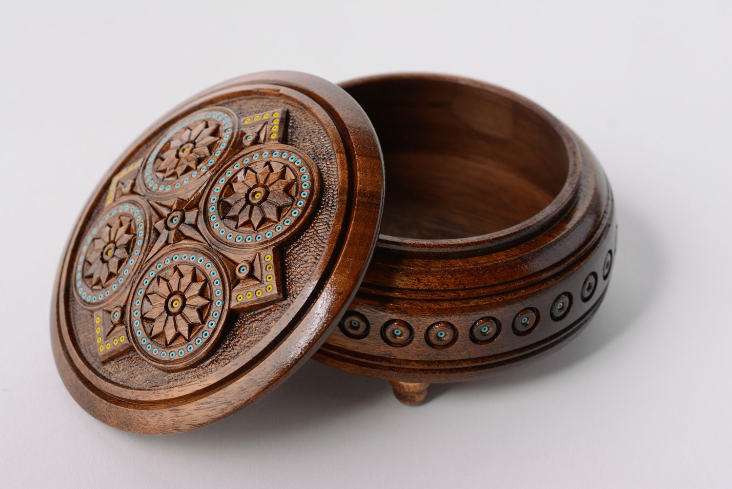 Handmade round wooden jewelry box on legs with art carving and bead inlay photo 1