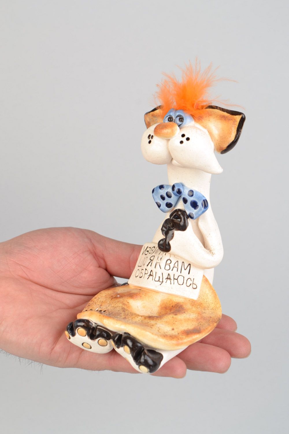 Handmade decorative ceramic painted figurine cat-beggar funny cute statuette for decor photo 2