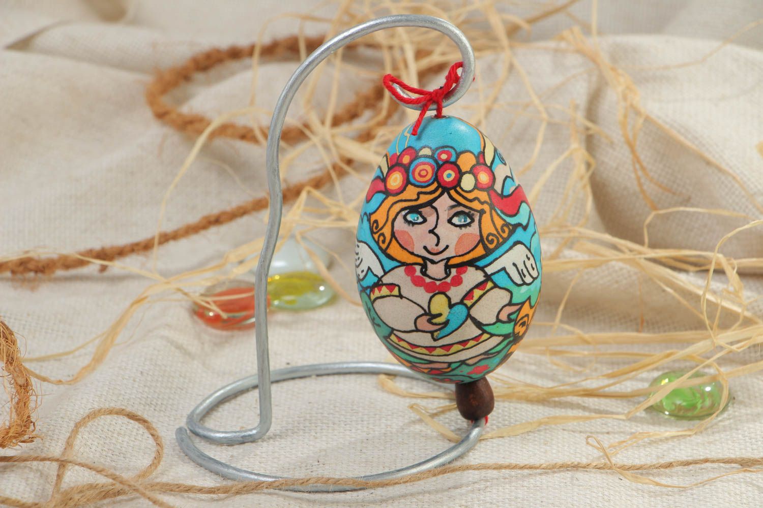 Handmade decorative colorful painted Easter goose egg with metal stand photo 1