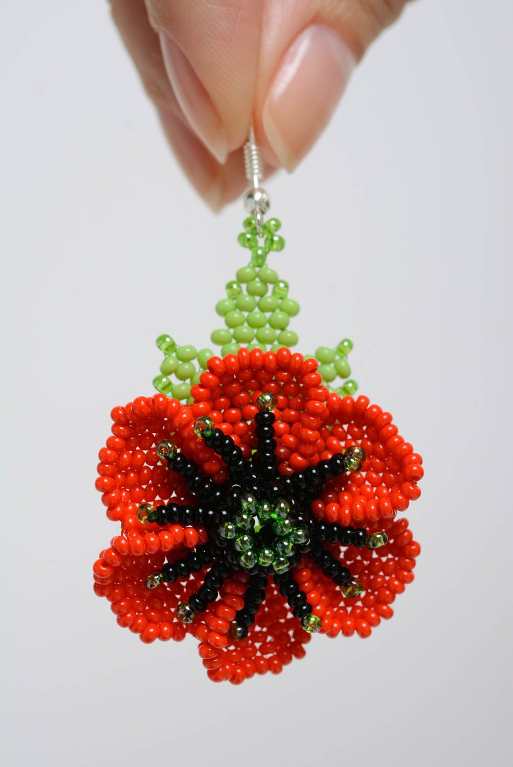 Beautiful beaded earrings in the shape of flowers handmade festive red poppies photo 3