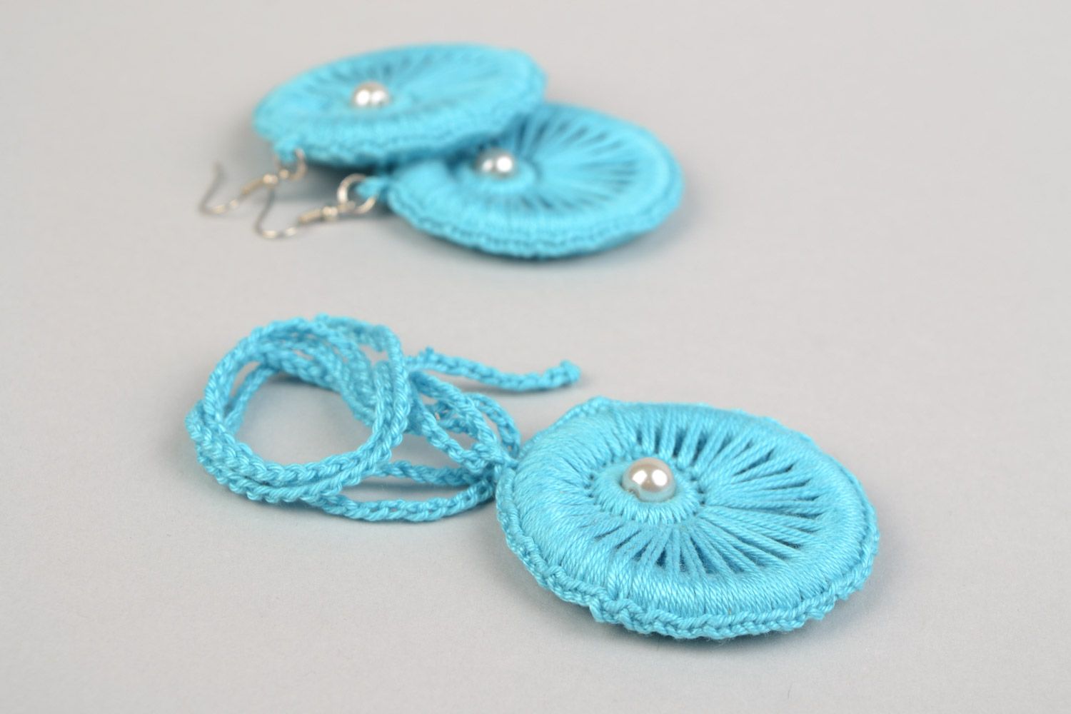 Set of handmade jewelry 2 pieces pendant and earrings in blue color present for girl photo 4