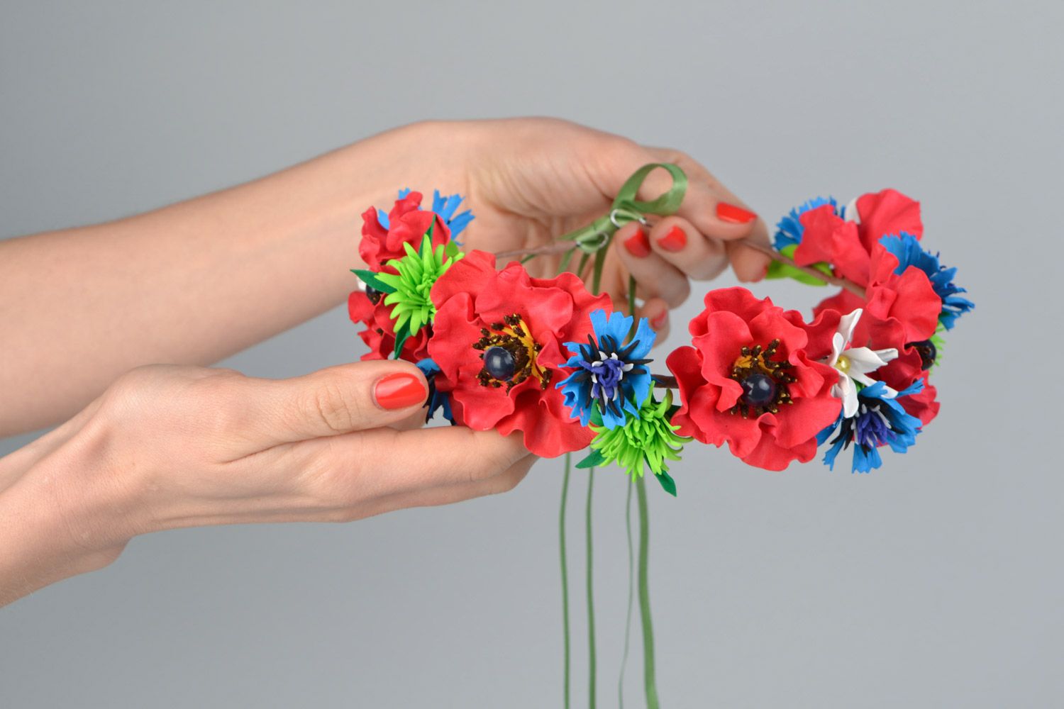 Handmade headband with artificial plastic suede flowers Red Poppies photo 2