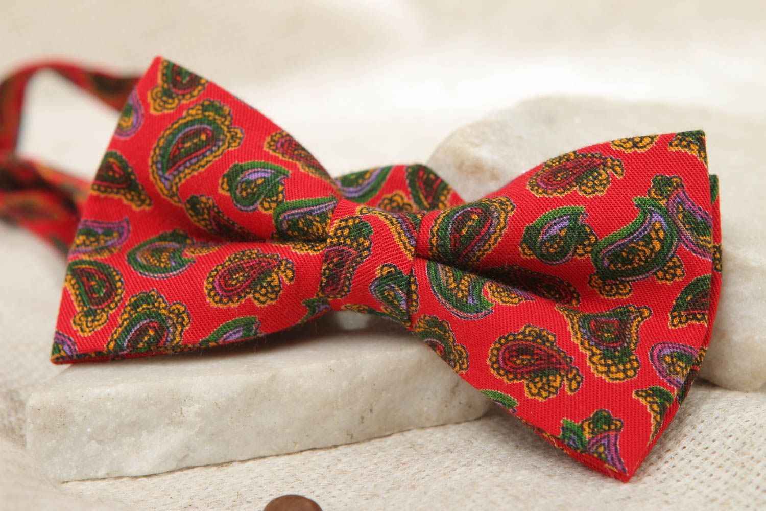 Red fabric bow tie with ornament photo 5