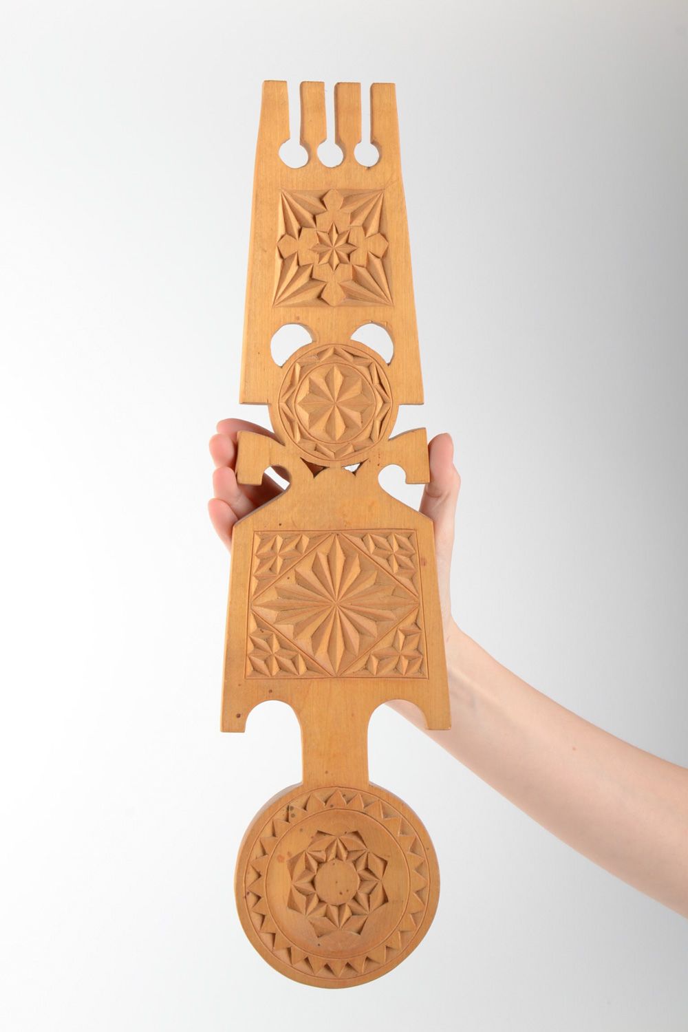 Large handmade wall hanging wooden spoon with rich carved ornament in ethnic style photo 5