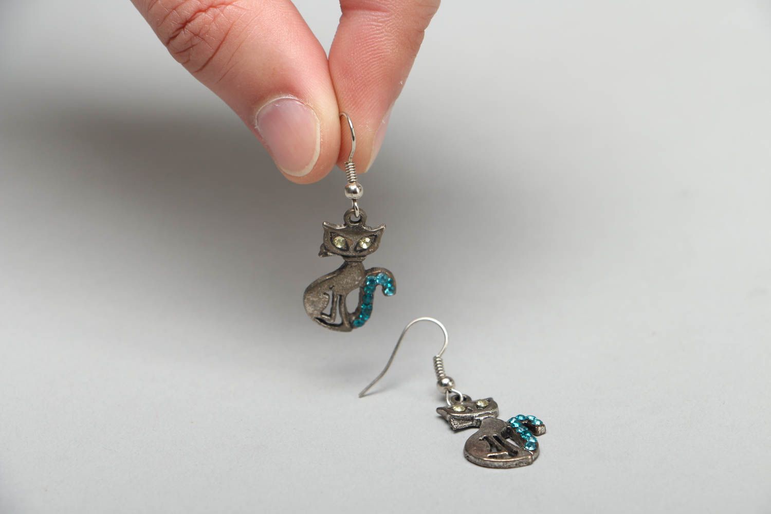 Metal earrings with rhinestones Kitties photo 3