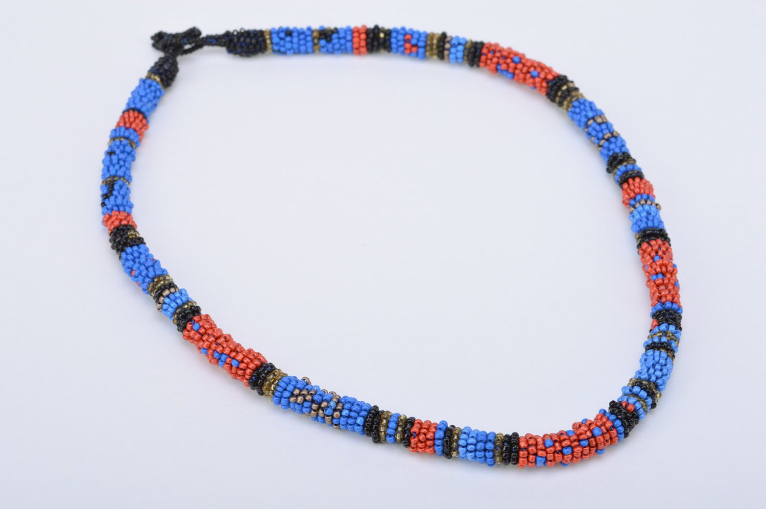 Motley long handmade woven Czech bead cord necklace in ethnic style photo 2