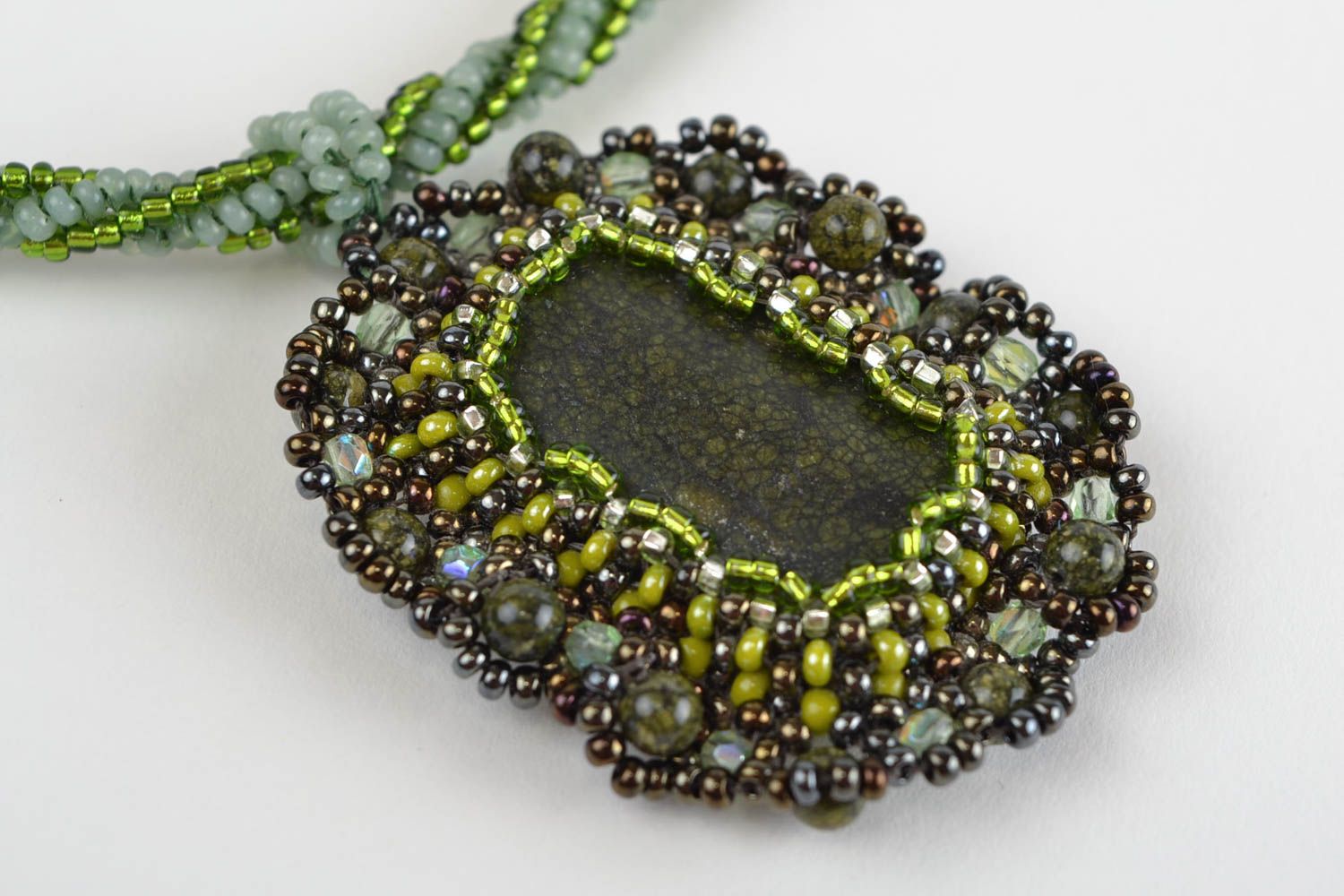 Beautiful green handmade massive beaded pendant with natural stones photo 3