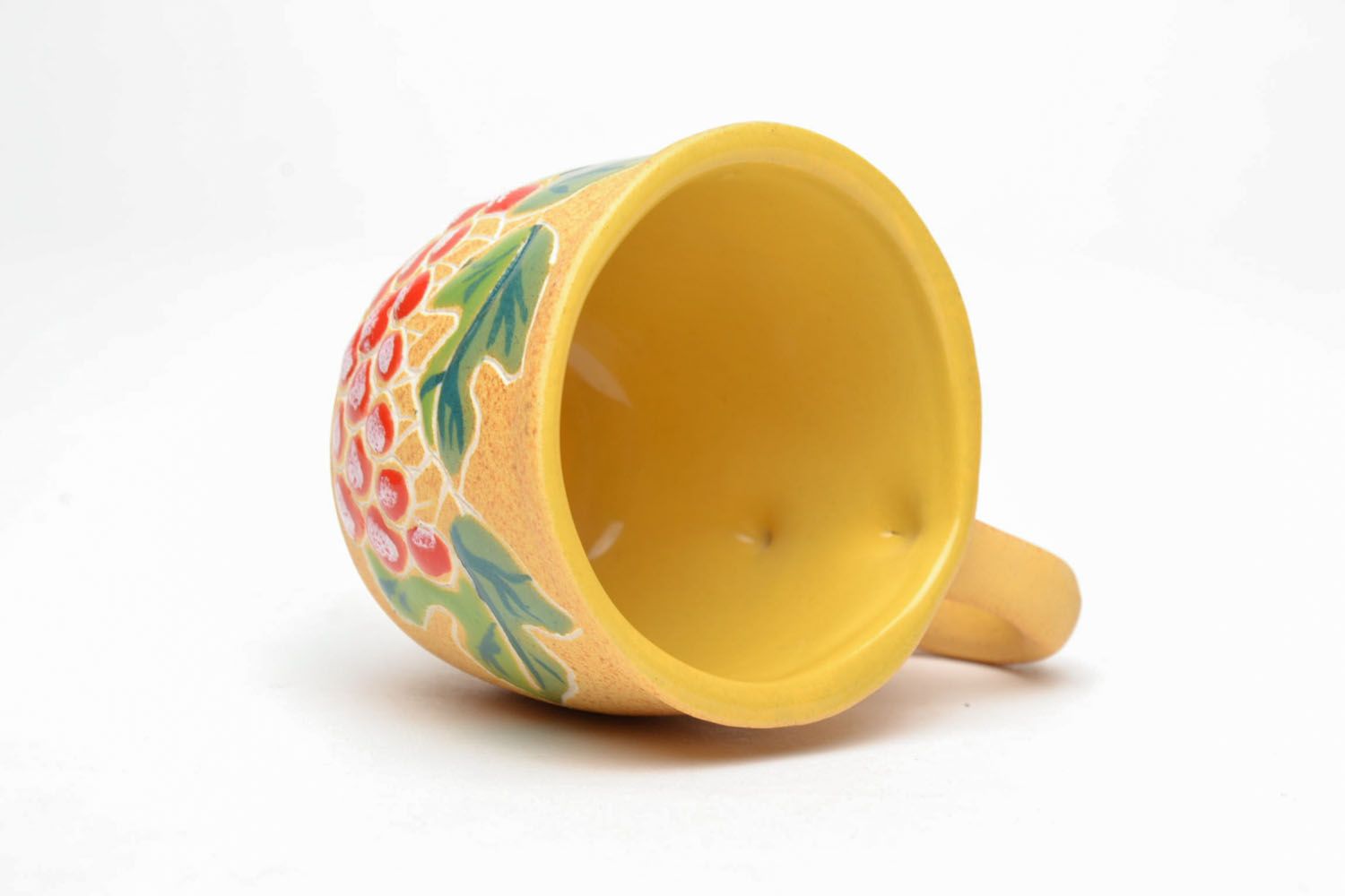Small floral pattern 3 oz clay cup in yellow color with handle photo 5