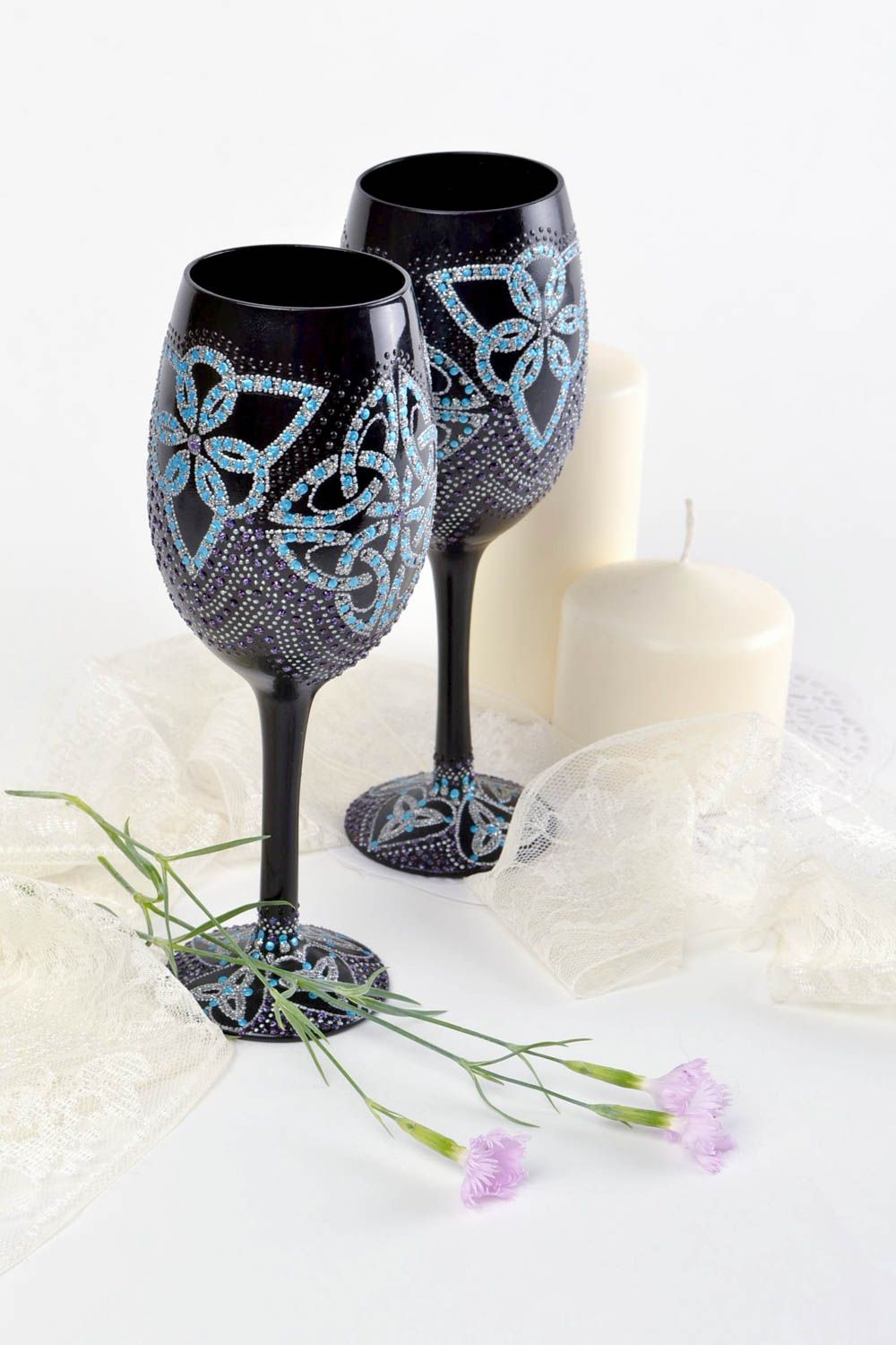 Black handmade designer wine glasses set with acrylic painting 2 pieces photo 1