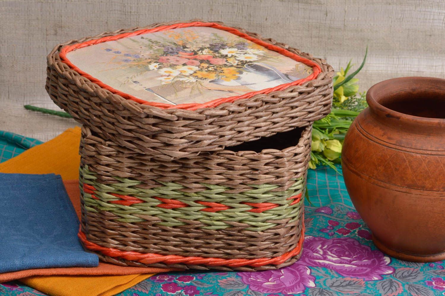 Paper basket wicker basket handmade paper basket newspaper basket unusual gift photo 1