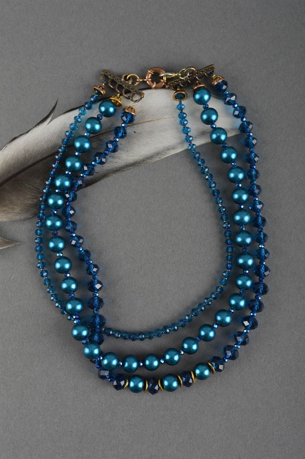 Collier 3 rangs bleu Bijou fait main fausses perles cristaux laiton Cadeau femme photo 1