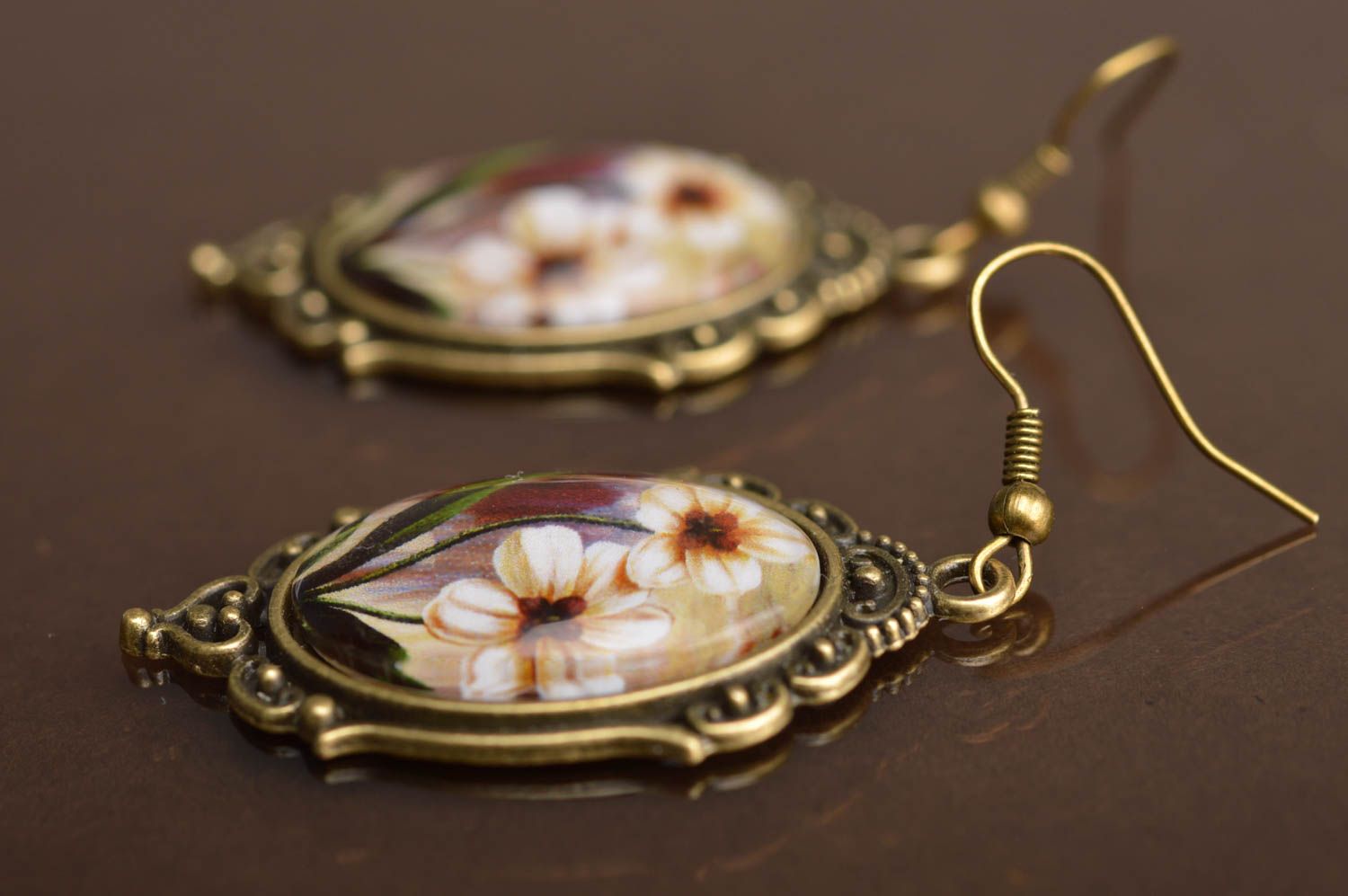 Boucles d'oreilles pendantes ovales métal images de fleurs cabochons faites main photo 5