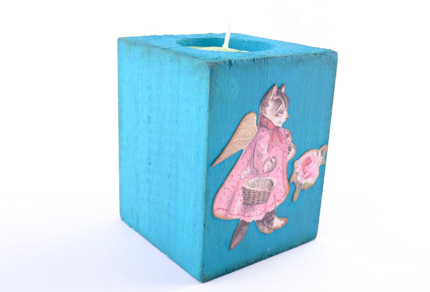 Candelero de madera para vela plana artesanal azul con dibujo de gato foto 4