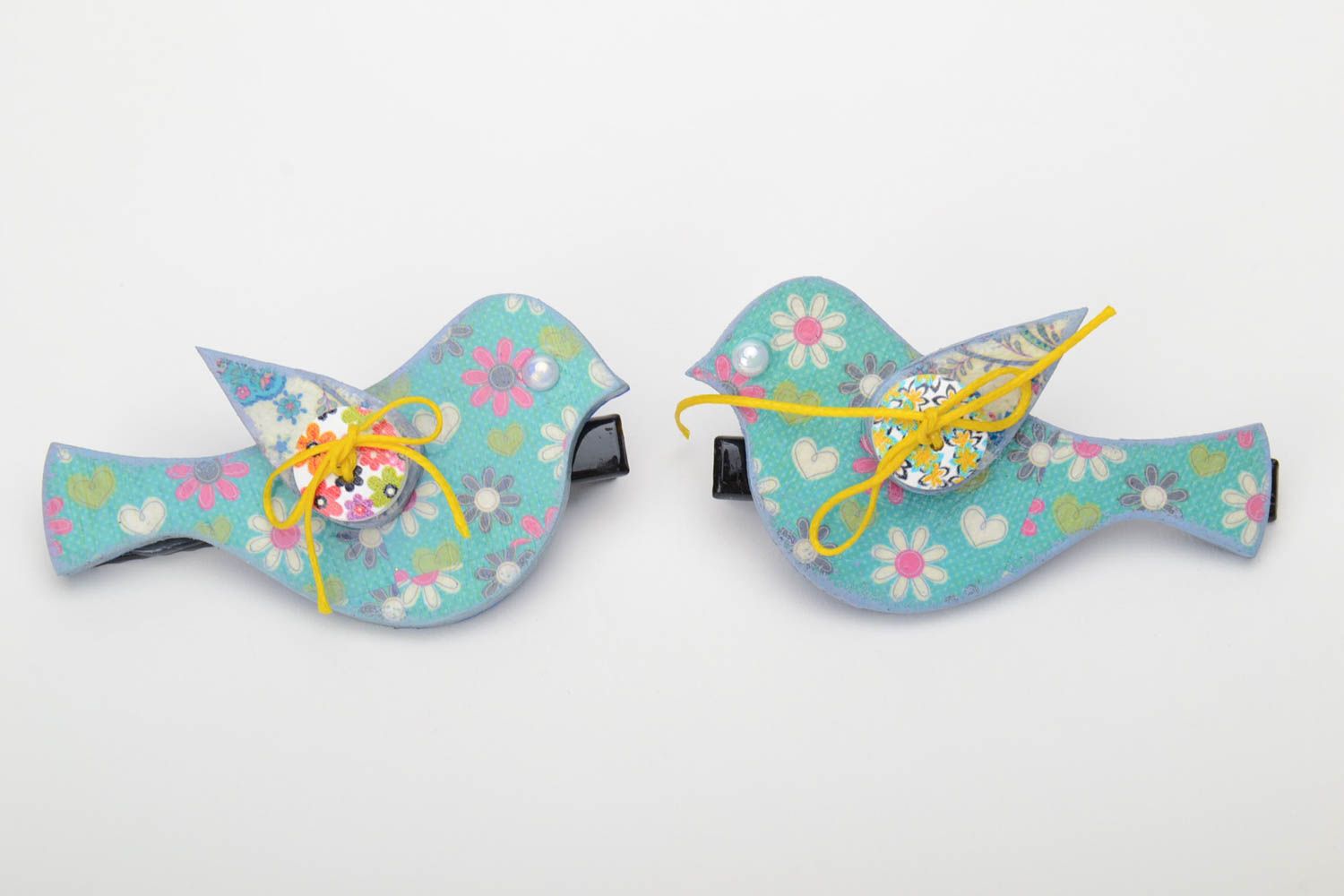Set of handmade green children's plywood hair clips with flower print Birds photo 2