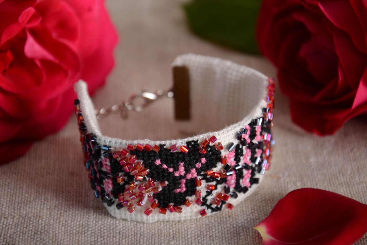 Black and pink handmade designer textile bracelet with embroidery and beads photo 1
