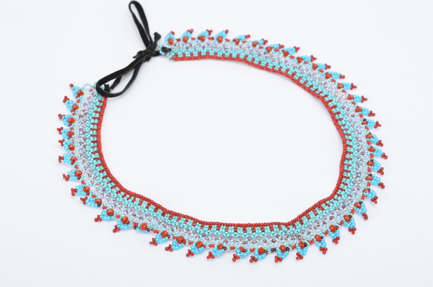 Handmade woven necklace made of blue Czech beads and red ribbon photo 2