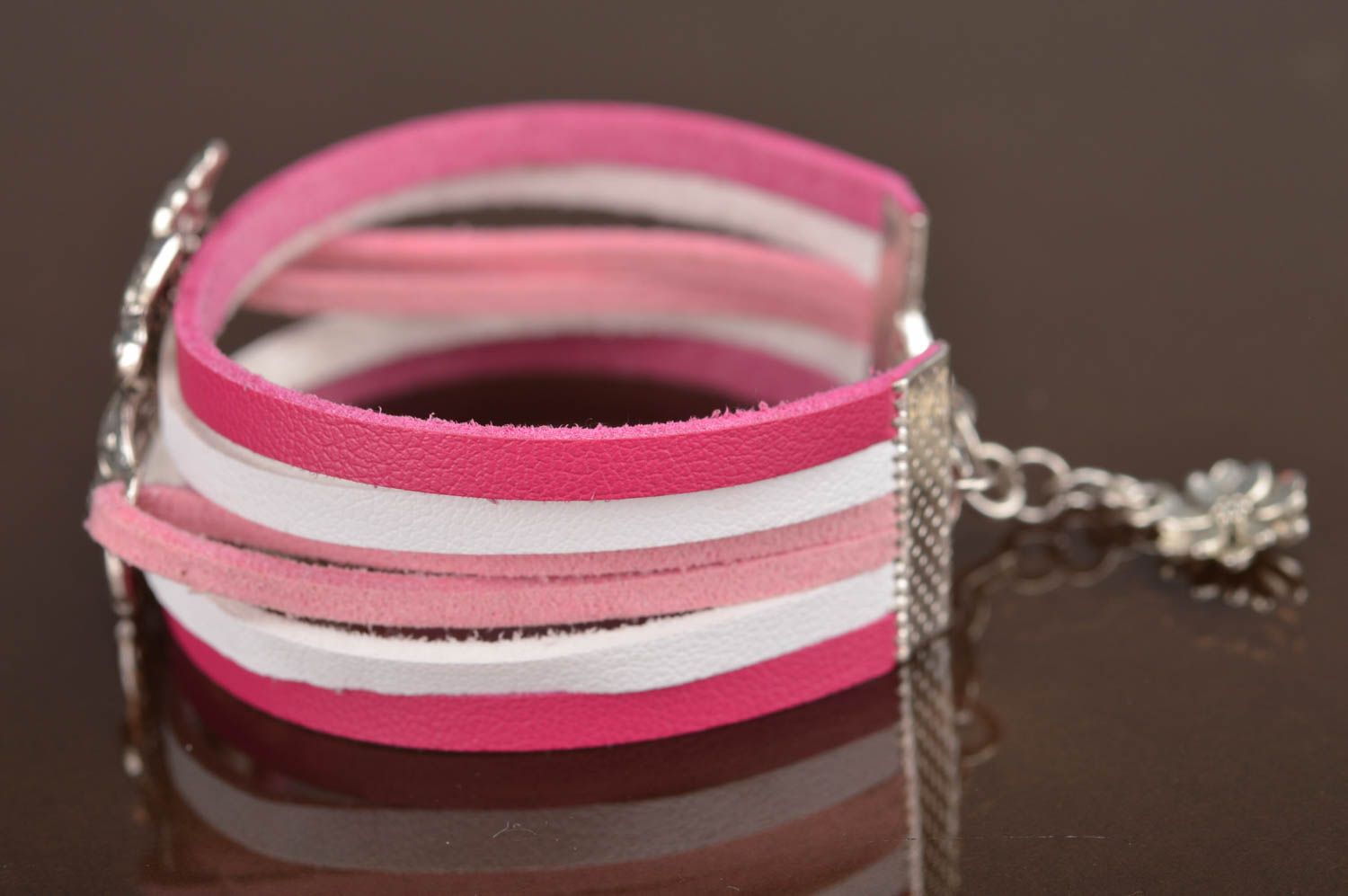 Handmade designer genuine leather wrist bracelet white pink with metal flower photo 5