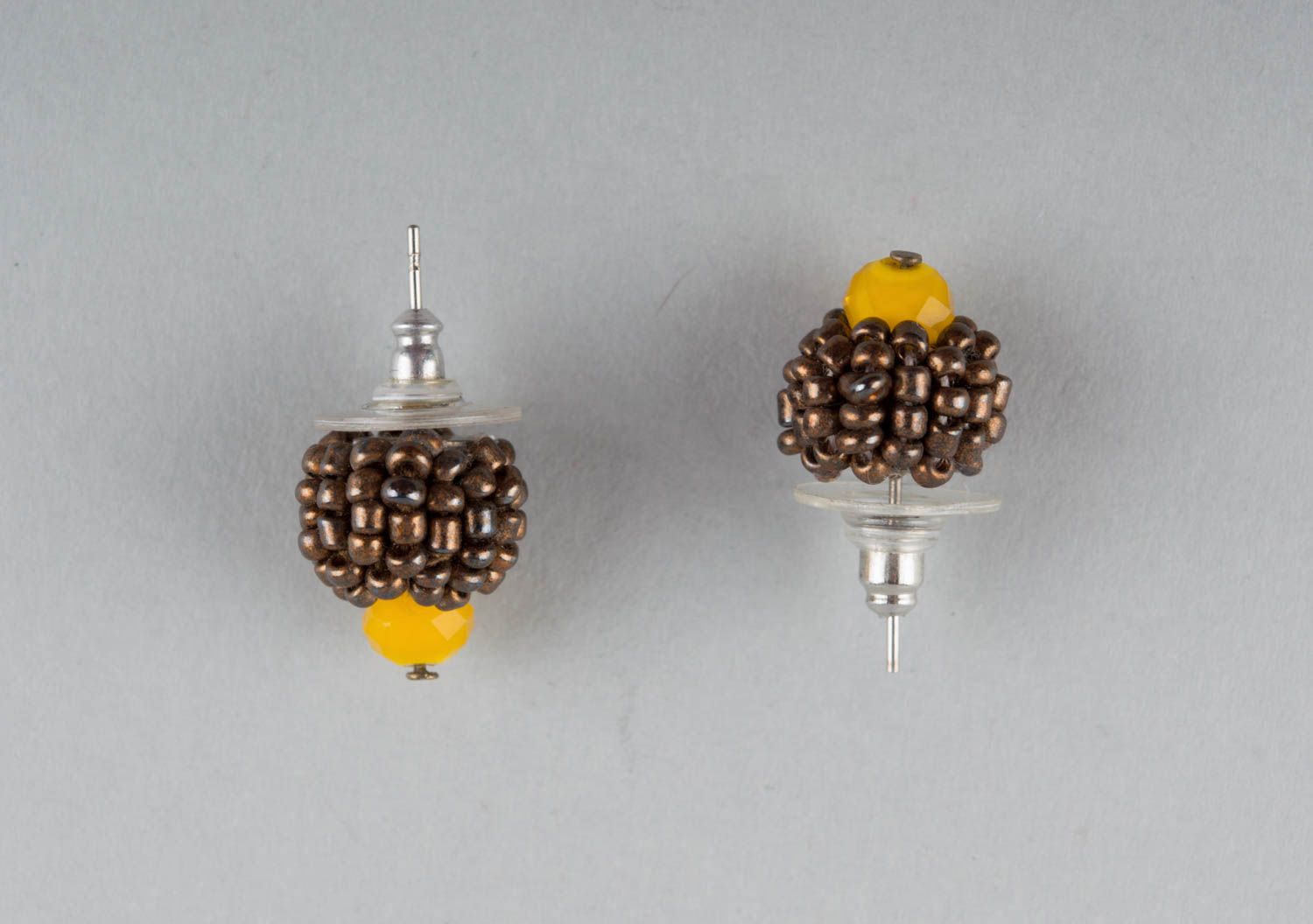 Designer round handmade grey and yellow cute stud earrings with beads  photo 2