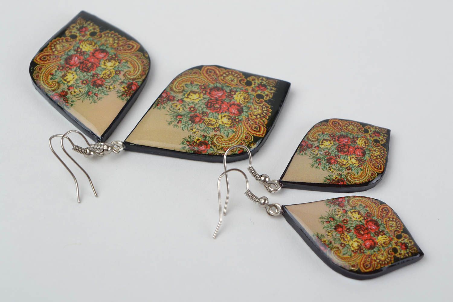 Beautiful homemade designer polymer clay earrings with decoupage 2 pairs photo 5
