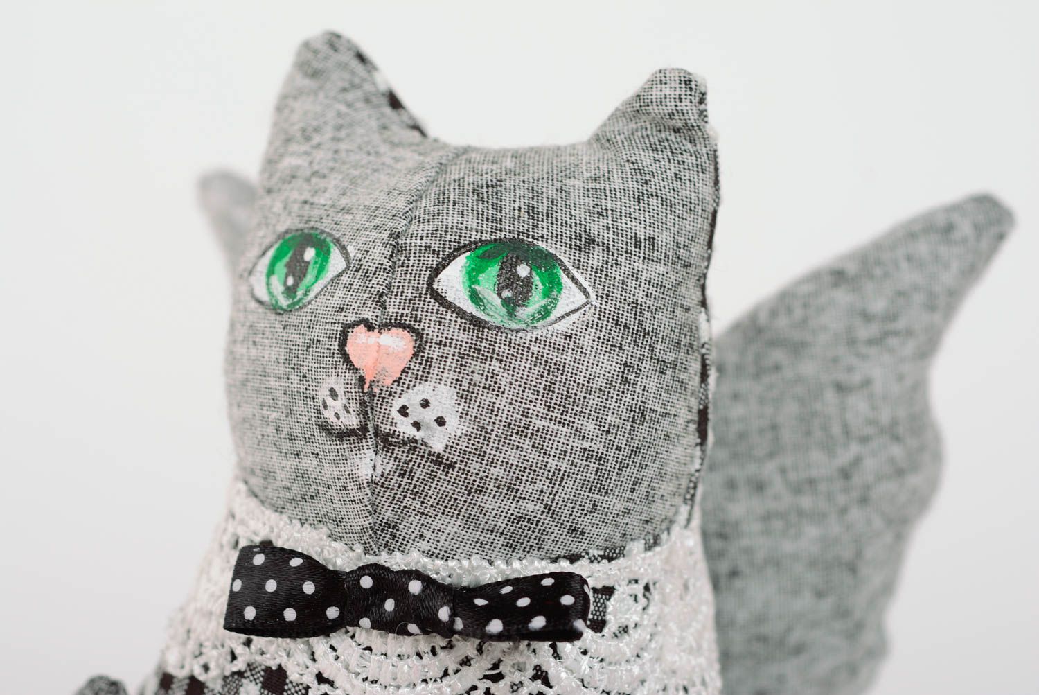 Beautiful handmade fabric soft toy in the shape of gray cat for home decor photo 2