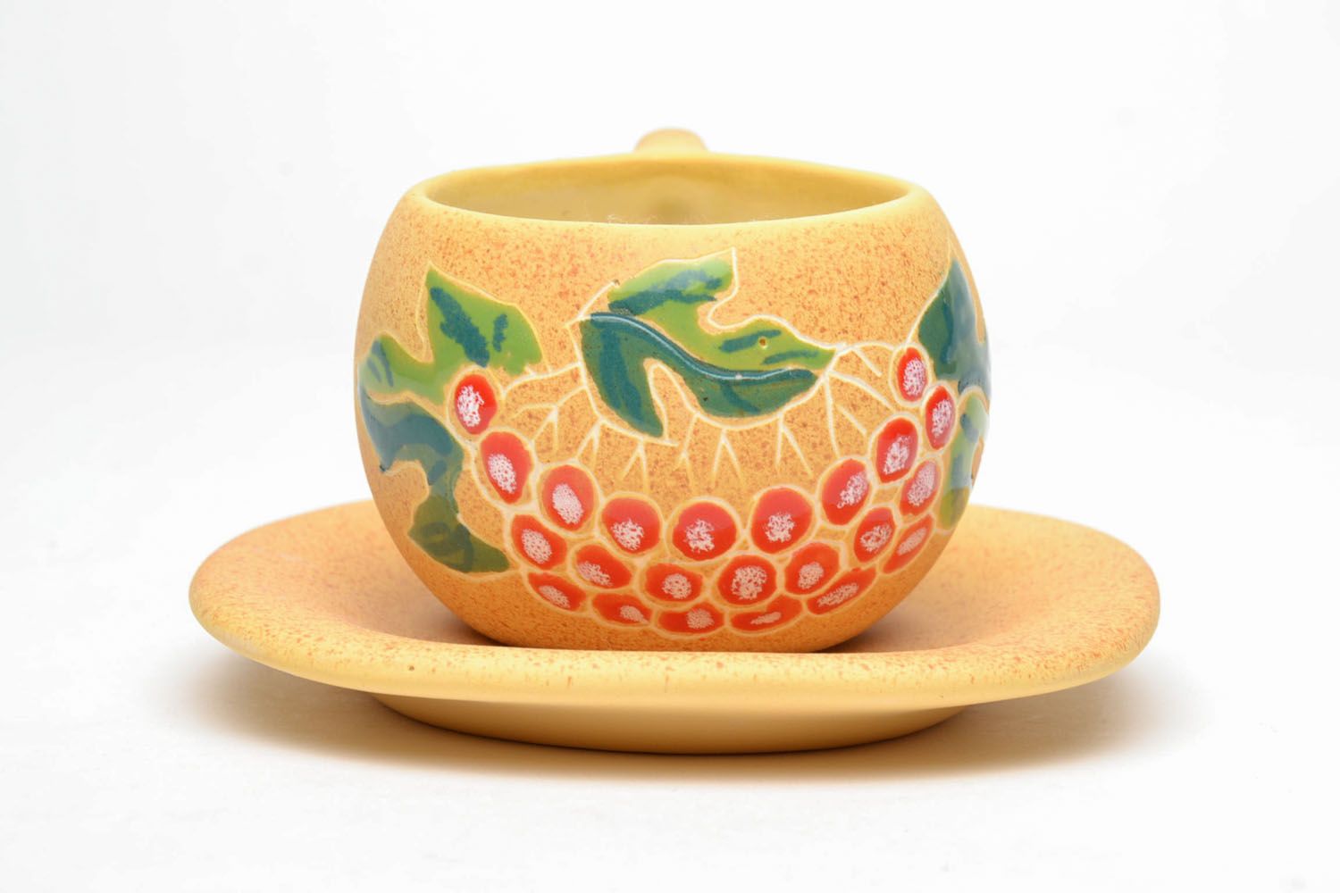 Art clay ceramic 5 oz cup with handle, saucer, and floral pattern photo 2