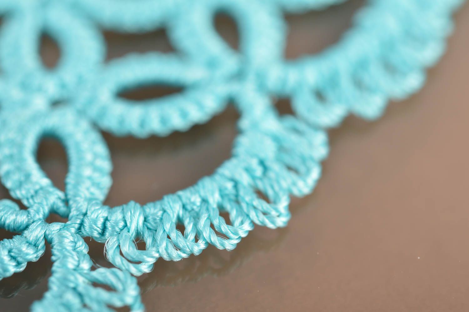 Beautiful homemade designer woven lace wrist bracelet of turquoise color tatting photo 4