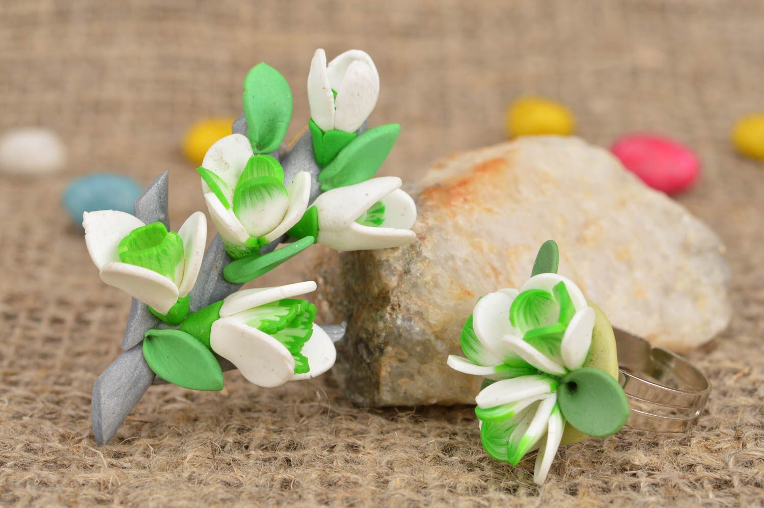 Handmade set of jewelry made of polymer clay ring and brooch with snowdrops photo 1