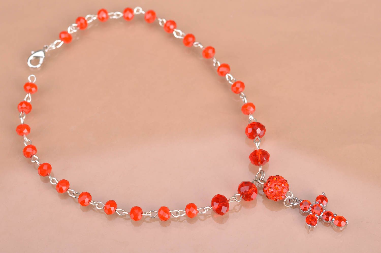 Handmade bright red beaded necklace with cross pendant designer for children photo 2