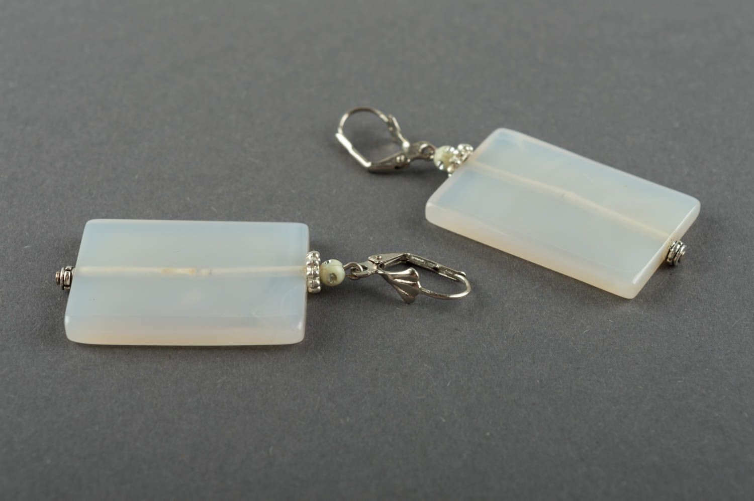 Unusual large handmade rectangular earrings with white agate natural stones photo 5